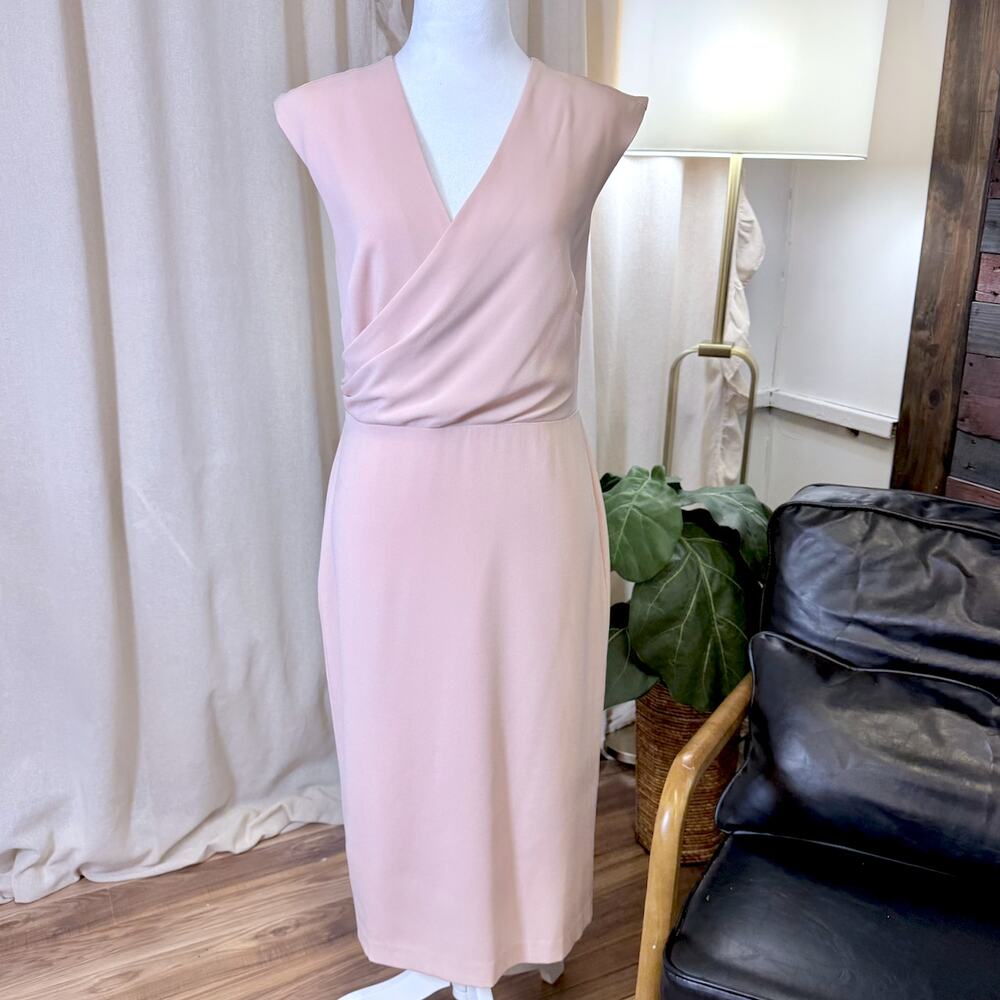 Ann Taylor Blush Pink Sleeveless Wrap Dress SZ 4 Capsule Midi Sheath Minimalist - Picture 2 of 10